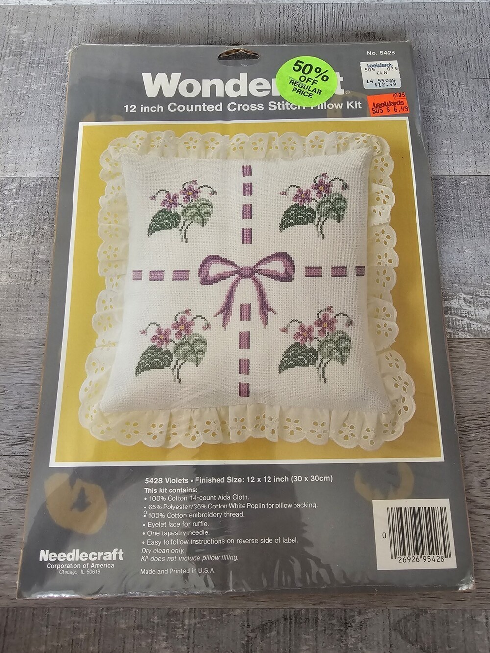 Rare Wonderart 12" Cross Stitch 5428 Pillow Kit Violets Floral New Vtg 242a